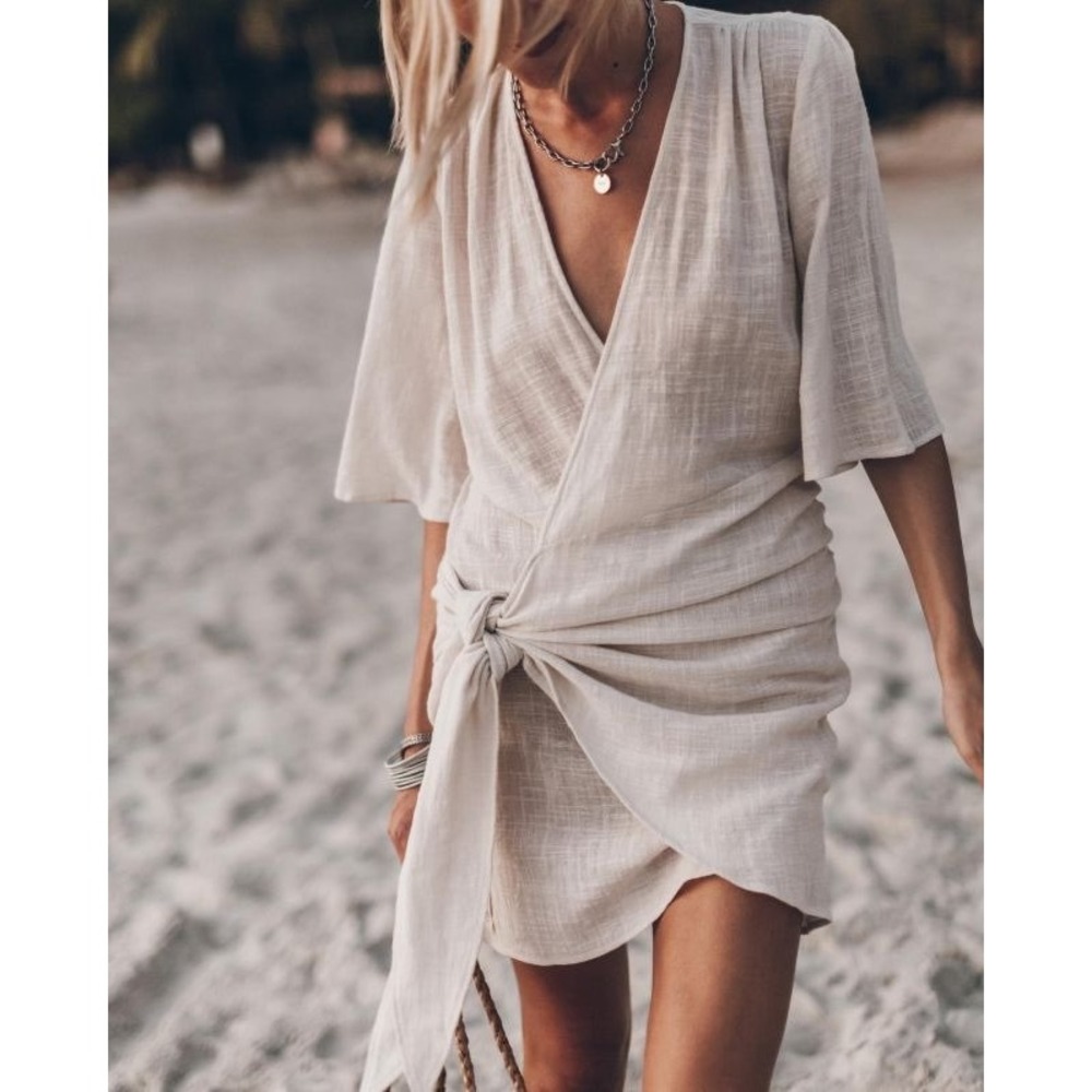 Mikuta Cream Beige 100% Cotton Wrap Dress Puff Sleeve XS